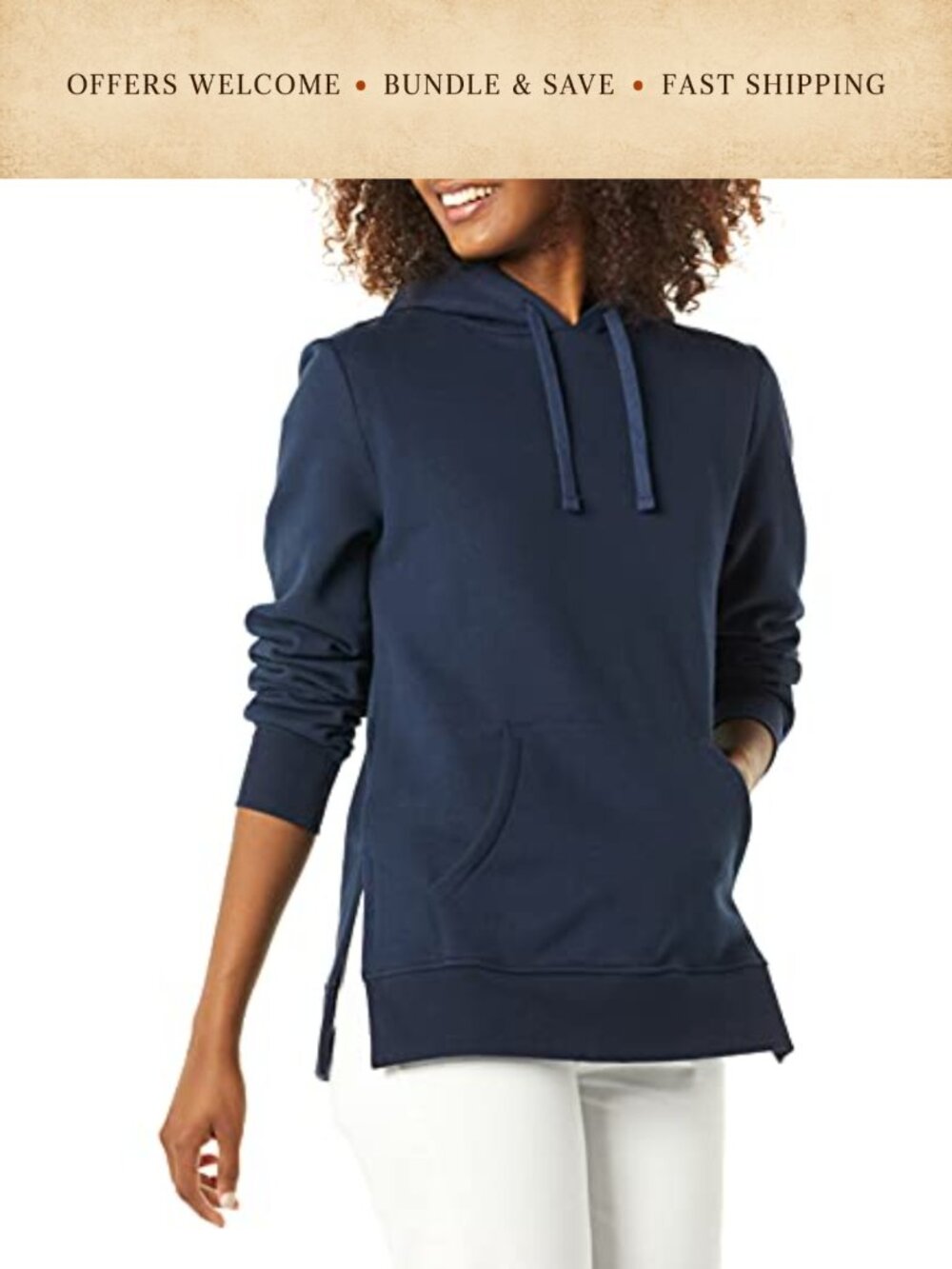 French Terry Hooded Tunic Sweatshirt Cotton Blend Drawstring Pullover